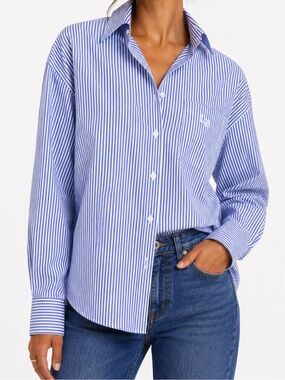 Lafayette 148 - Striped Button Down Long Sleeve Shirt - Blue White - Size M